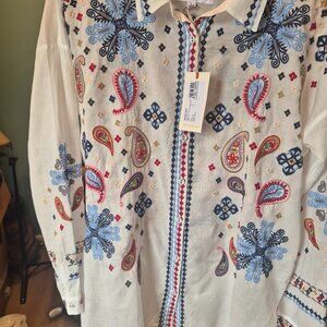 Johnny Was NWT embroidered tunic Shirt Large White Red Blue 100 Cotton New Top